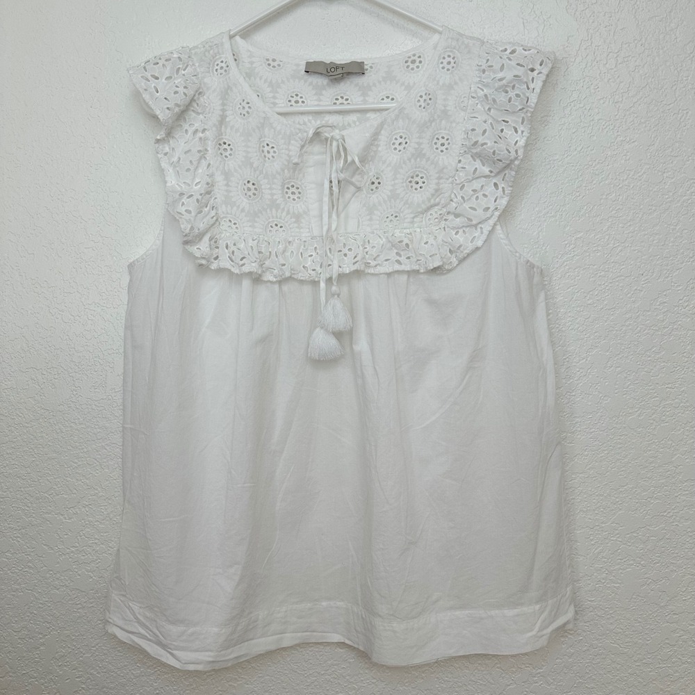 Loft White Eyelet Lace Ruffle Tassel Tie Sleeveless Blouse 100% Cotton Top XL